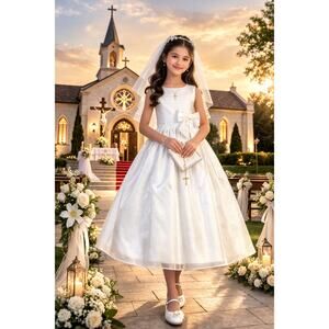 NEW Girls First Holy Communion Dress Size 7 - Striped Organza Satin Waist Trim